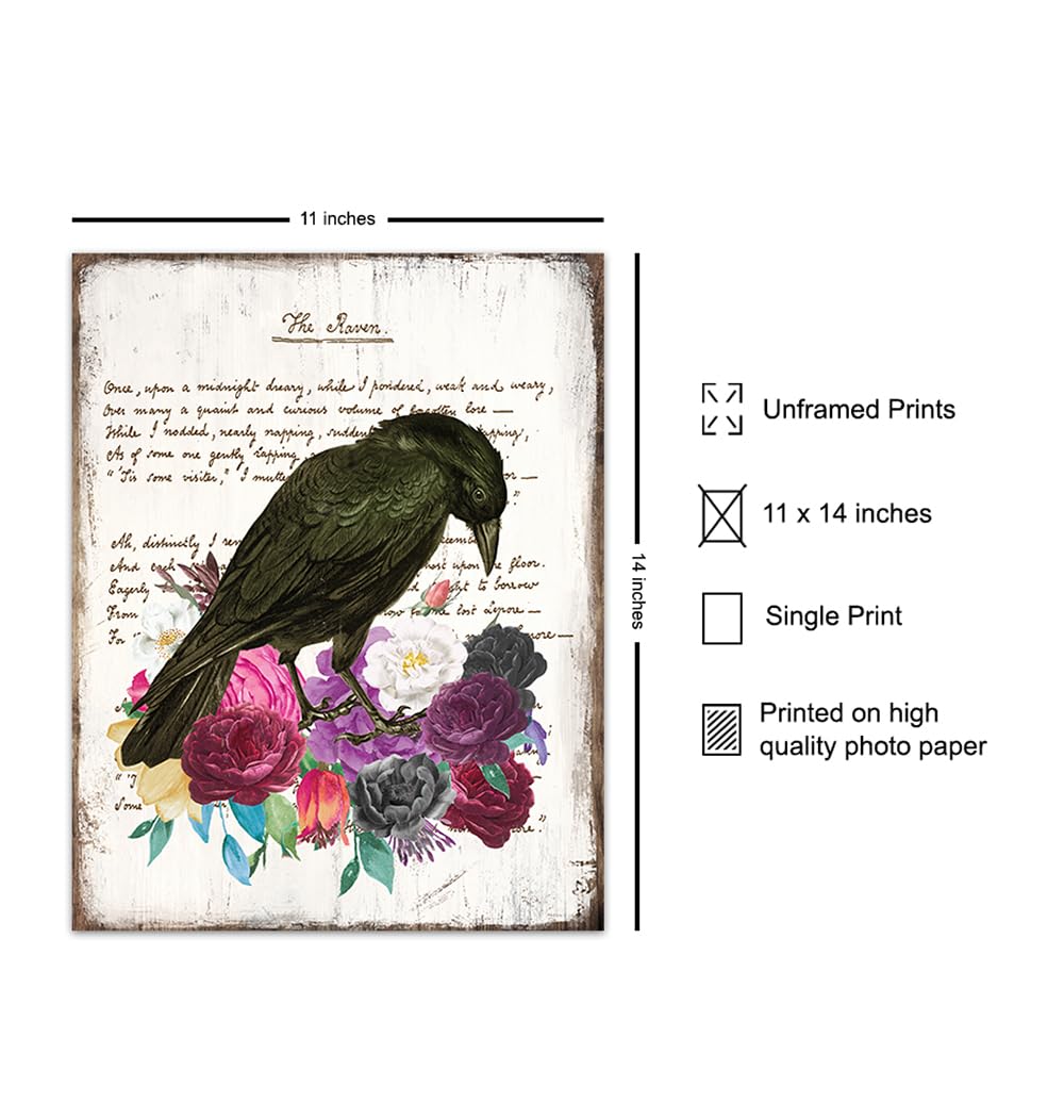 Edgar Allan Poe Gothic Wall Art 11×14 – The Raven Goth Room Decor for Women – Shabby chic Bedroom, Living Room Decor – Wicca, Witch, Occult, Crow,