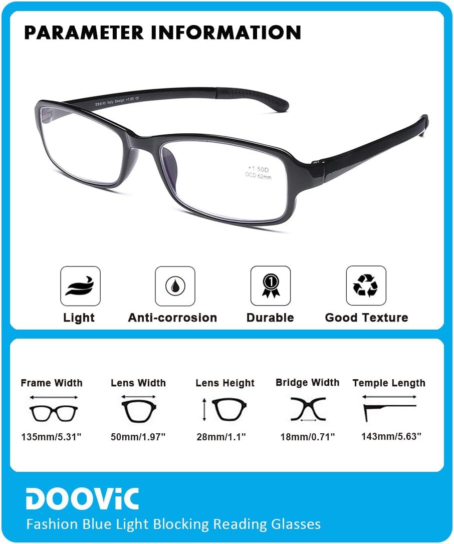 DOOViC Paquete de 2 lentes de lectura con bloqueo de luz azul, 1.25 de fuerza, flexibles, ligeros, antifatiga ocular, para computadora para mujeres