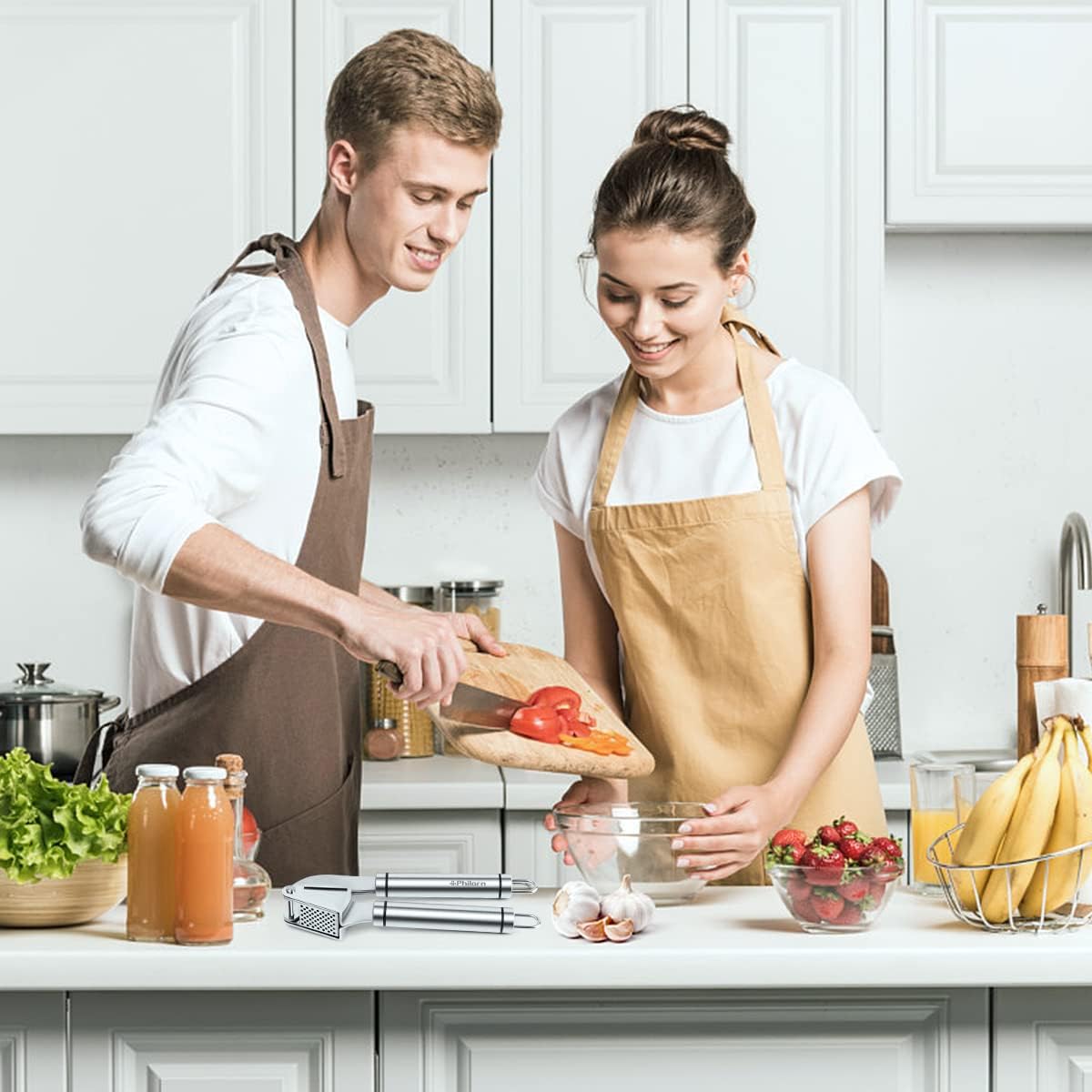 Philorn Trituradora de prensa de ajo de acero inoxidable profesional para cocina, picadora de jengibre, exprimidor de ajo, fuerte y duradera, fácil