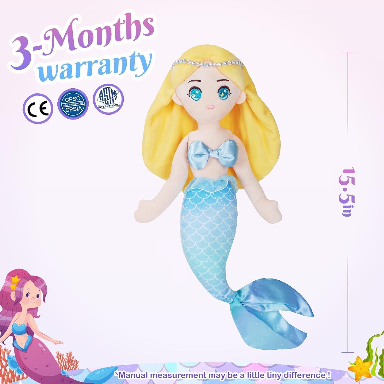 Athoinsu Muñeca de peluche suave de princesa sirena, cumpleaños, día del niño, para niñas pequeñas, amarillo, 15.5 pulgadas