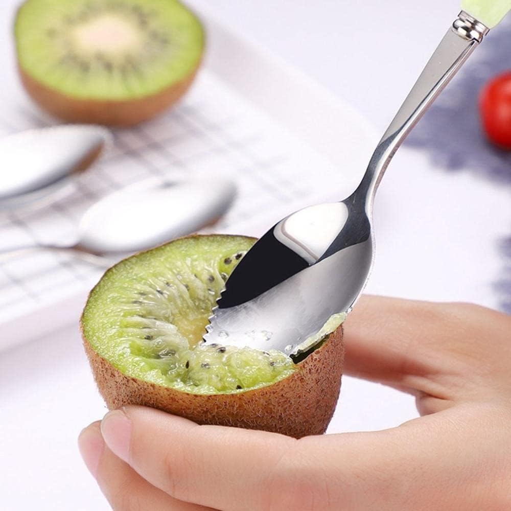 Cucharas de pomelo, cuchara dentada de acero inoxidable con mango de cerámica multicolor para cocina (plata, blanco)