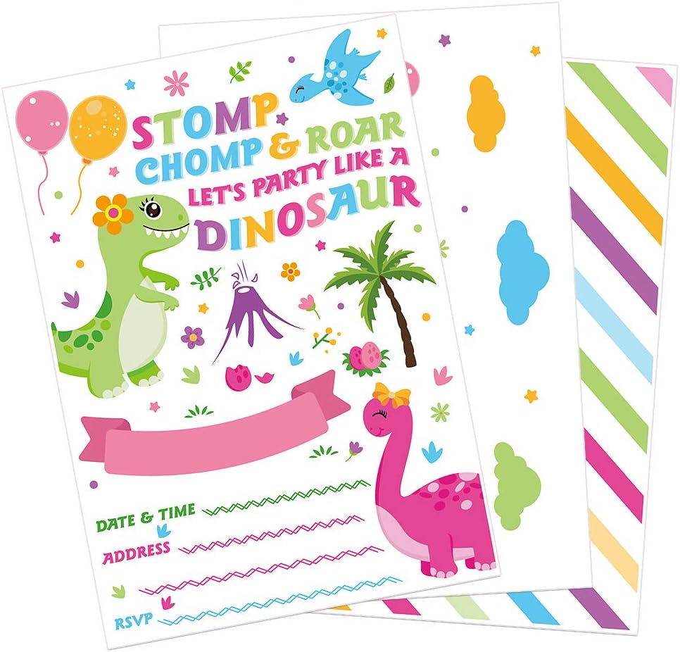 WERNNSAI Invitaciones de fiesta de dinosaurios con sobres, suministros de fiesta de dinosaurios para niñas, cumpleaños, baby shower, fiesta, juego