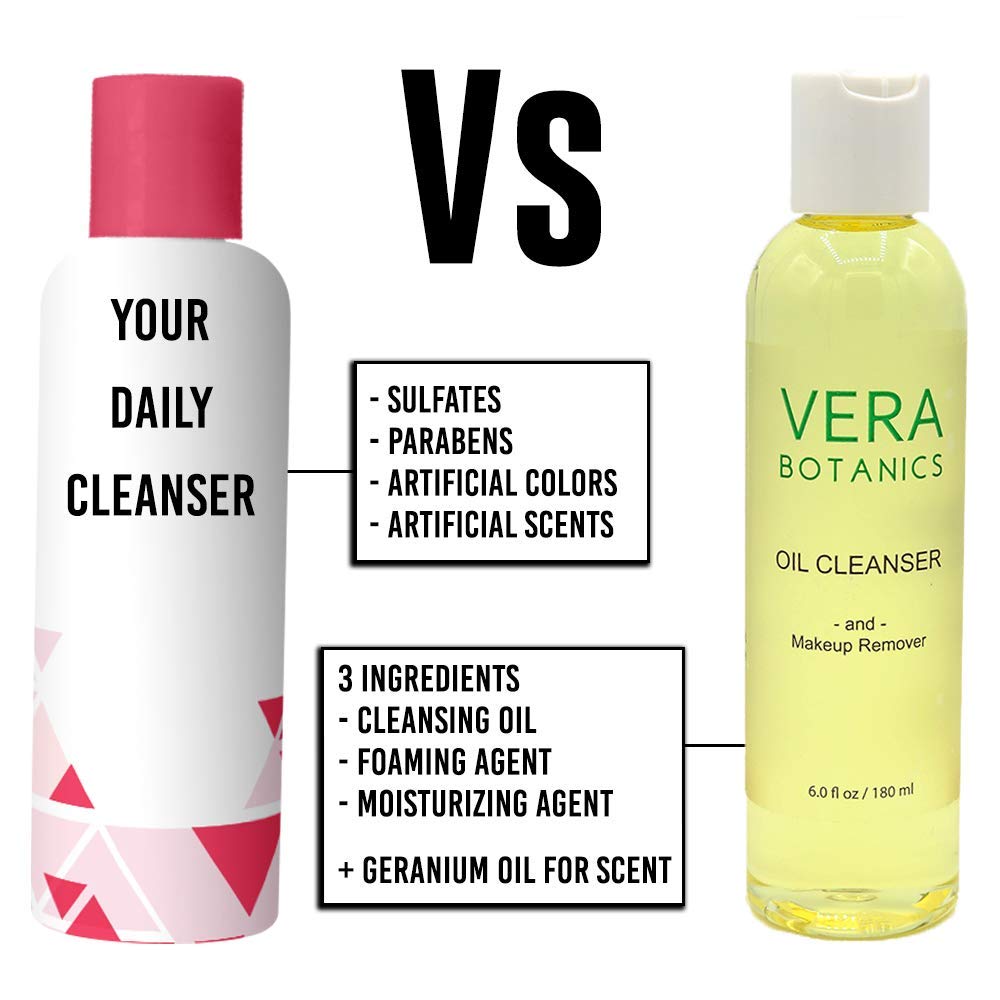 Aceite limpiador natural y removedor de maquillaje de Vera Botanics. Solo 4 ingredientes. Limpiador de aceite diario suave para un lavado facial