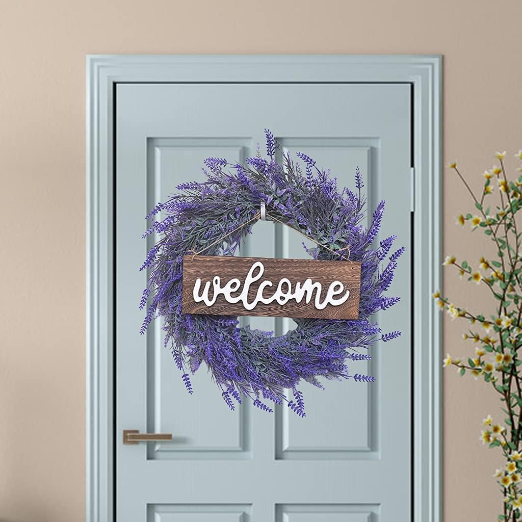 Corona de lavanda con letrero de bienvenida para puerta delantera, corona floral, guirnalda de bienvenida para decoración de bodas y fiestas