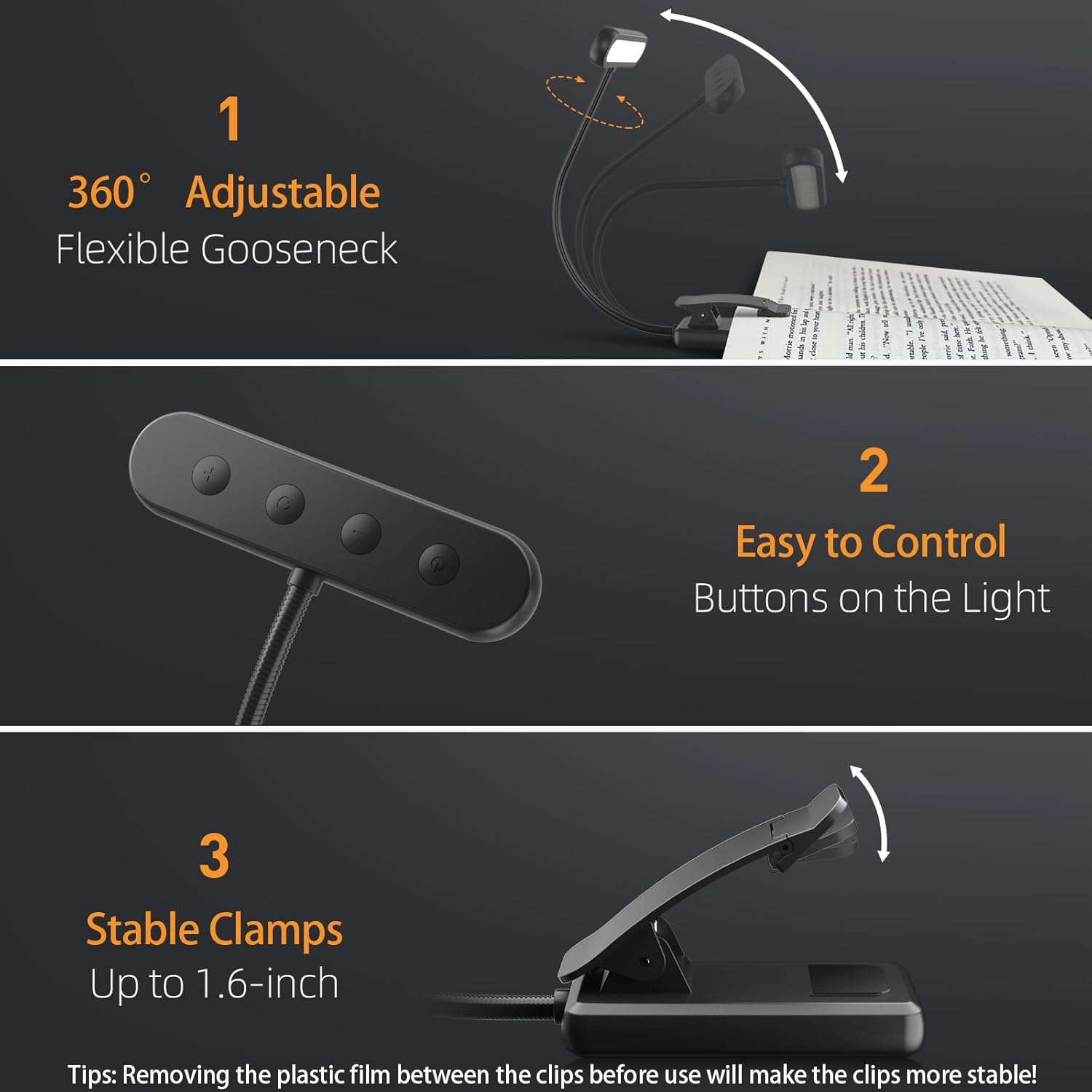 Luz de libro, adaptador incluido Luces recargables para leer por la noche en la cama con 3 colores y 10 brillo regulable, cuello de cisne flexible