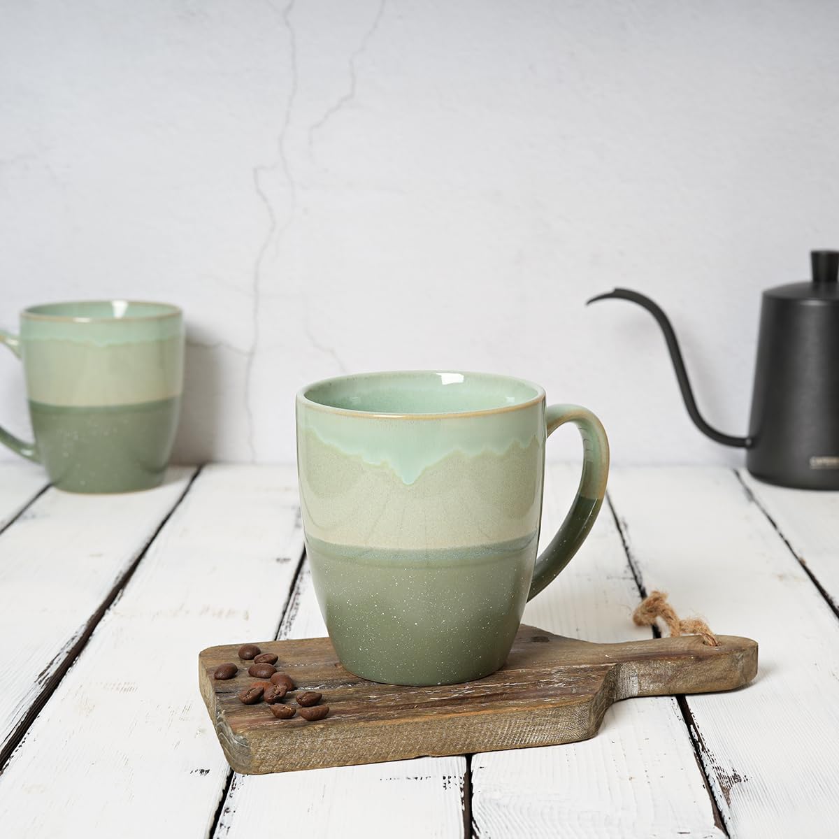Bosmarlin Juego de 4 tazas de café de cerámica, 17 onzas, tazas de café verdes con mango grande, aptas para microondas, esmalte reactivo único