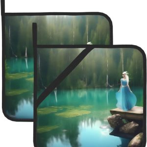 Juego de almohadillas calientes de 8 x 8 pulgadas con estampado de hadas de lago, antideslizante, resistente al calor, para hornear y cocinar Juego de almohadillas calientes de 8 x 8 pulgadas con estampado de hadas de lago, antideslizante, resistente al calor, para hornear y cocinar