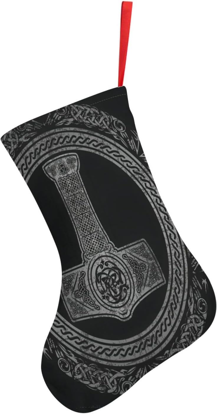 Medias de Navidad Martillo de Thor, Mjolnir Runas vikingas, mitología nórdica, árbol de Navidad, decoraciones colgantes (10 pulgadas).
