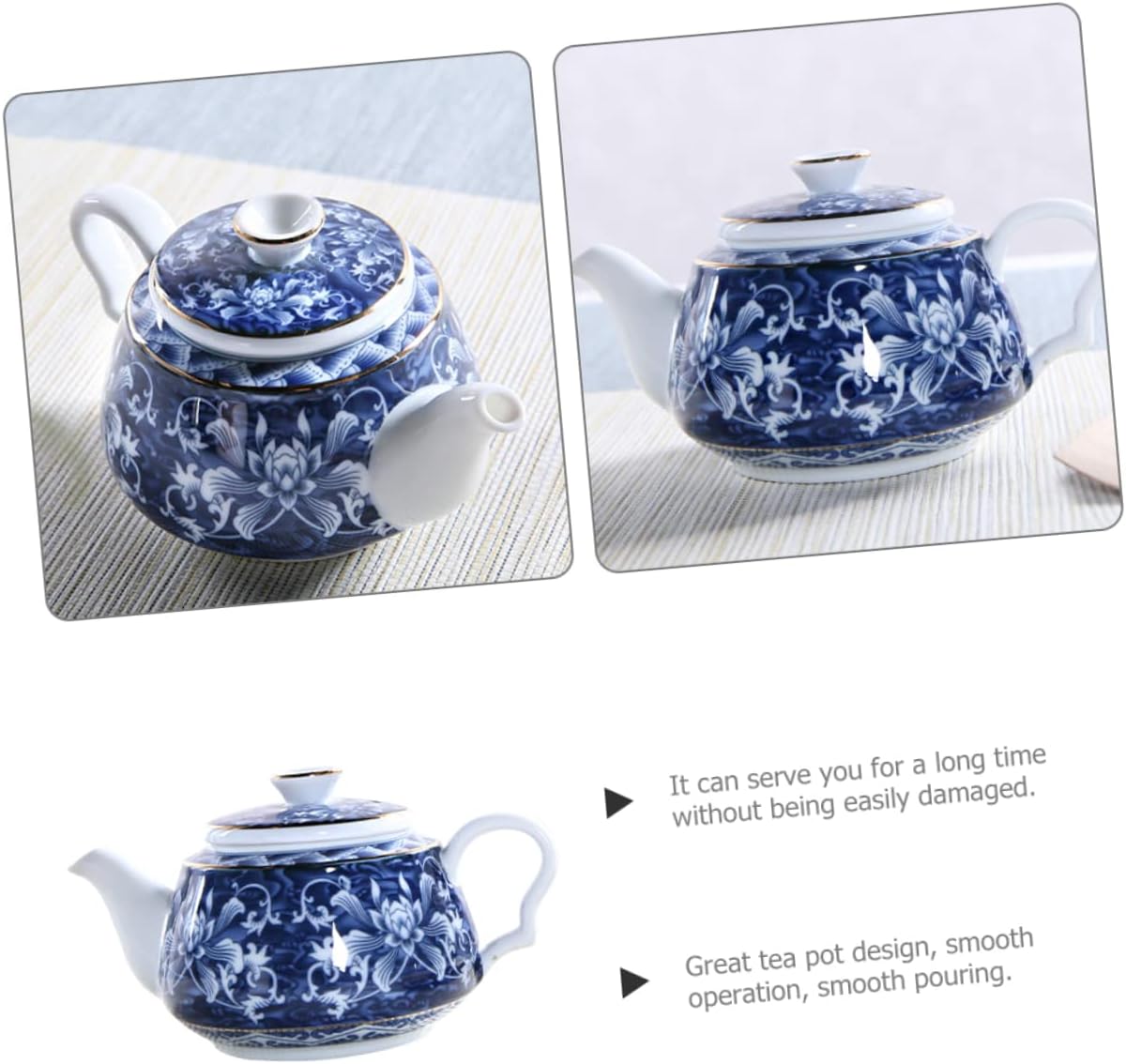 Uonlytech Tetera de porcelana azul y blanca, tetera de cerámica, tetera de viaje, tetera retro, tetera portátil de cerámica con asa, tetera pequeña