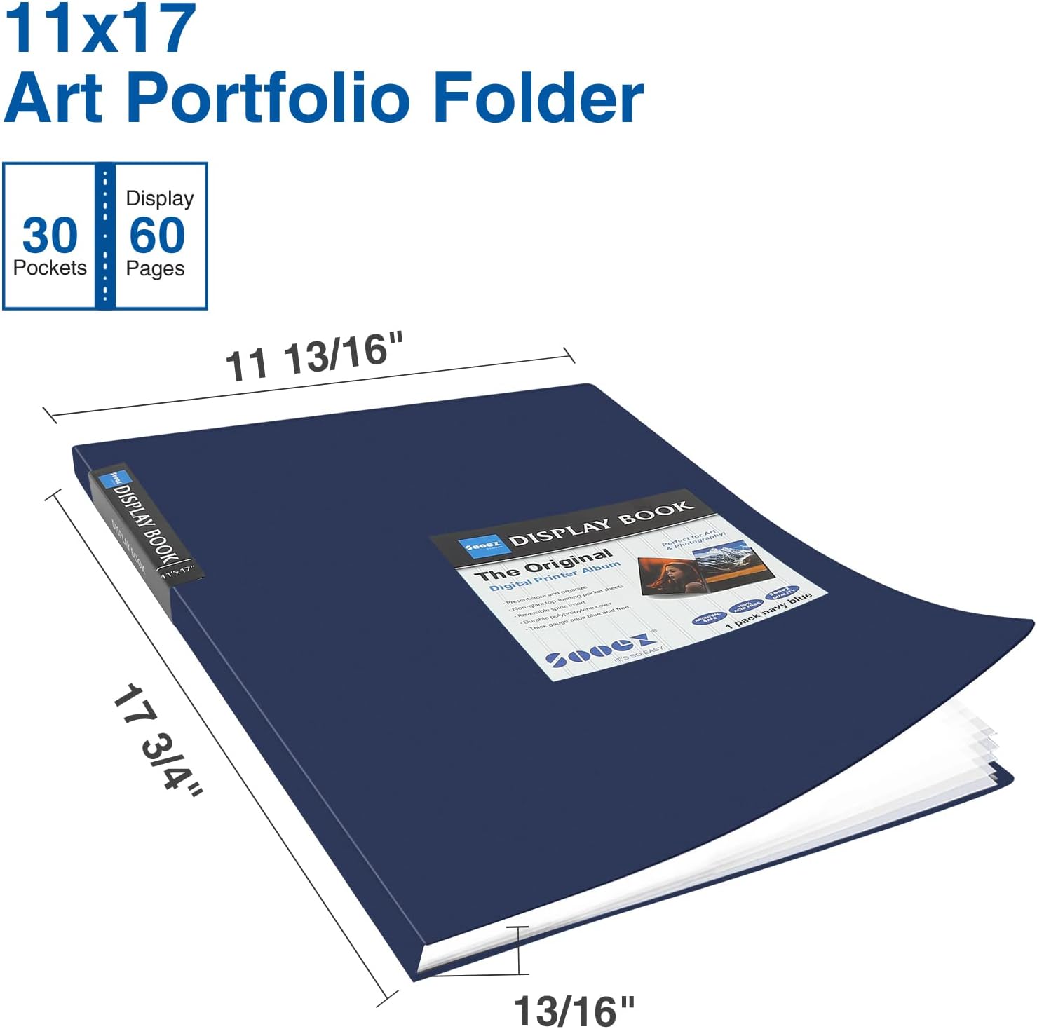 Sooez Portafolios de arte de 11 x 17 pulgadas, carpeta grande con 30 bolsillos y hojas interiores negras, 60 páginas, libro de presentación de 11 x