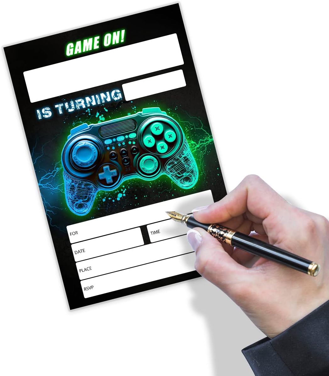 Invitación de fiesta de cumpleaños de videojuegos, invitación de cumpleaños para niños y niñas, invitación verde y azul brillante, juegos, fiesta de