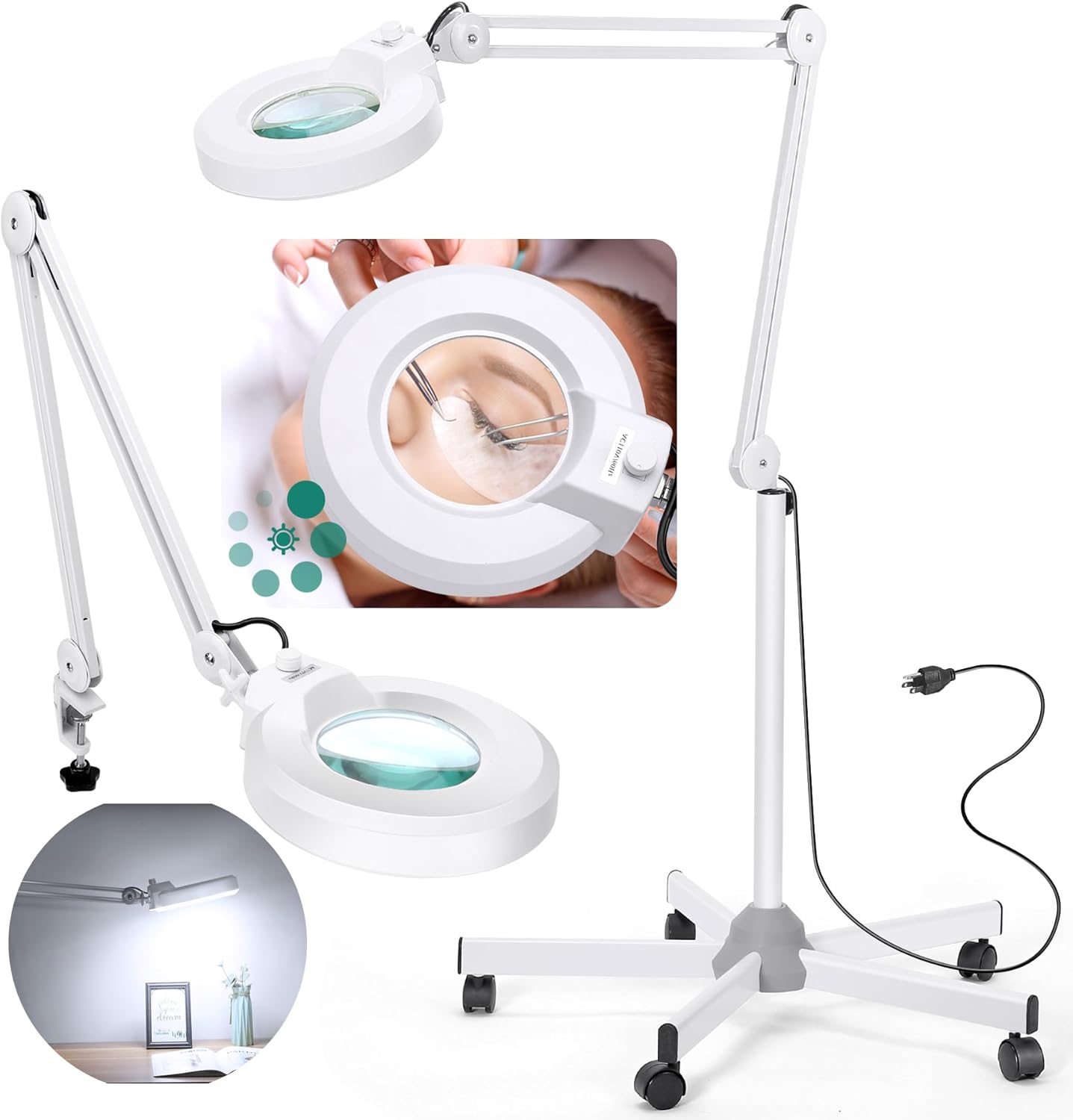 Lupa 10X con luz y soporte, lámpara de pie con base rodante de 5 ruedas para tratamientos faciales esteticistas de pestañas, 1,500 lúmenes regulable