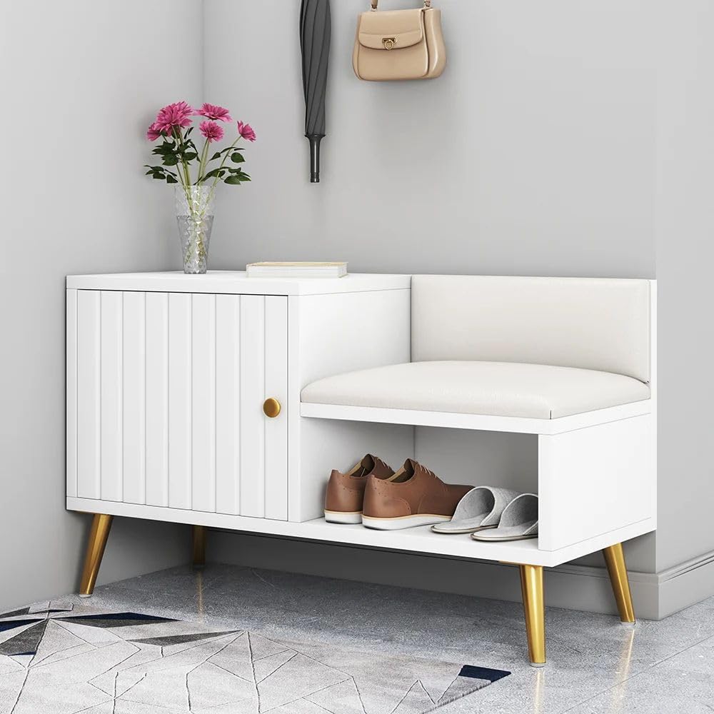 homary Banco moderno para zapatos con almacenamiento, banco de almacenamiento de entrada con asiento tapizado (blanco)