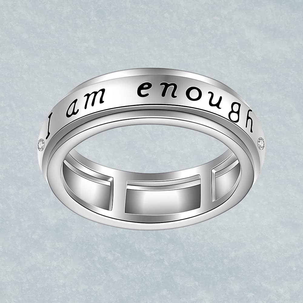 Anillo giratorio para ansiedad de plata de ley con giro de preocupación a juego con la promesa de compromiso I Am Enough Spinner Fidget anillos para