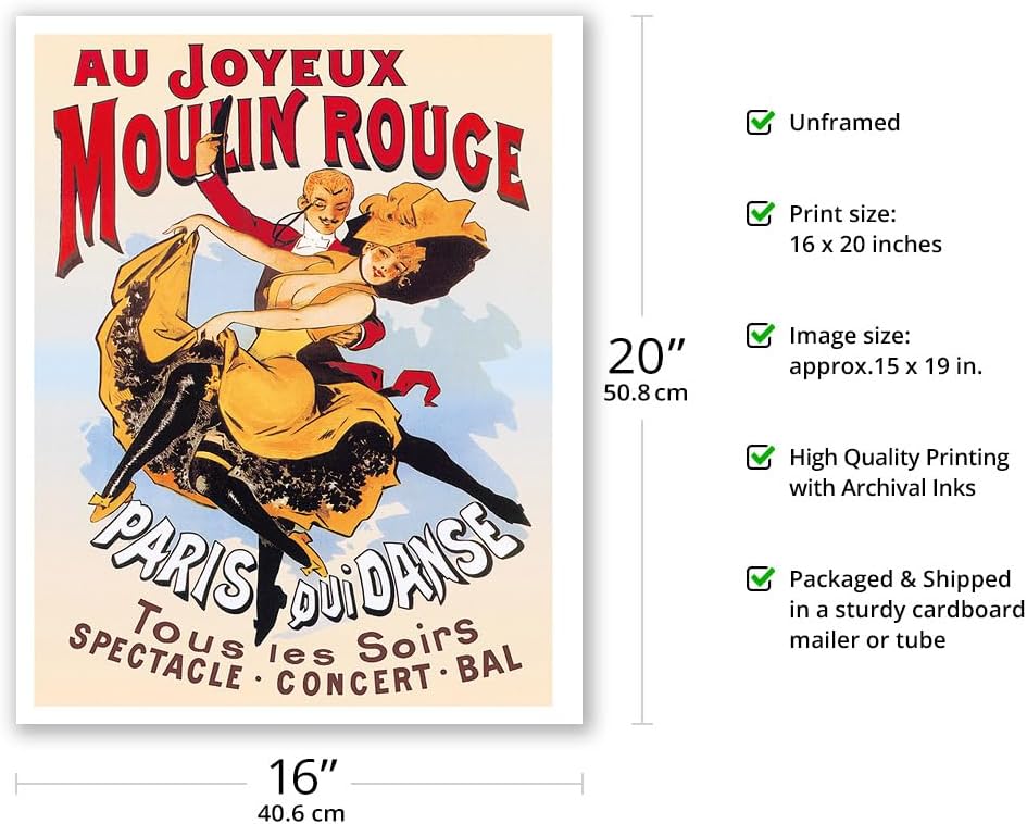 Au Joyeux Moulin Rouge (Happy at The Moulin Rouge) – Cabaret de baile – París, Francia – Póster vintage de teatro c.1890s – Impresión de papel mate