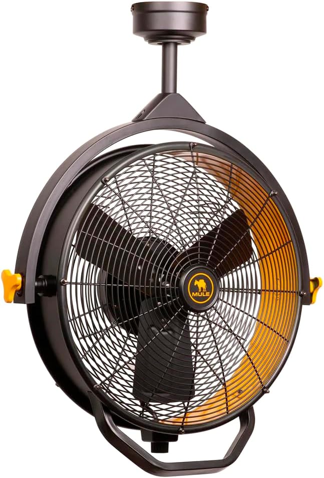 Mule 52007-45 Ventilador de garaje con cable enchufable montado en el techo de 18 pulgadas de 3 velocidades sin control remoto – negroamarillo