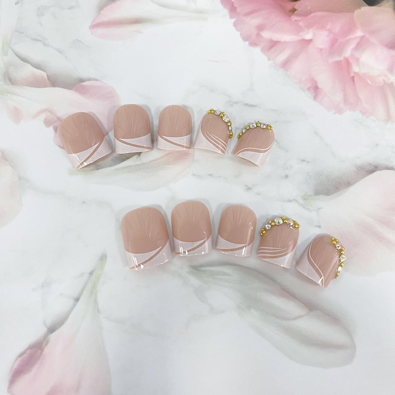 Uñas postizas cuadradas a presión, uñas postizas cortas de color rosa, con diseños de diamantes de imitación, uñas francesas brillantes de cobertura