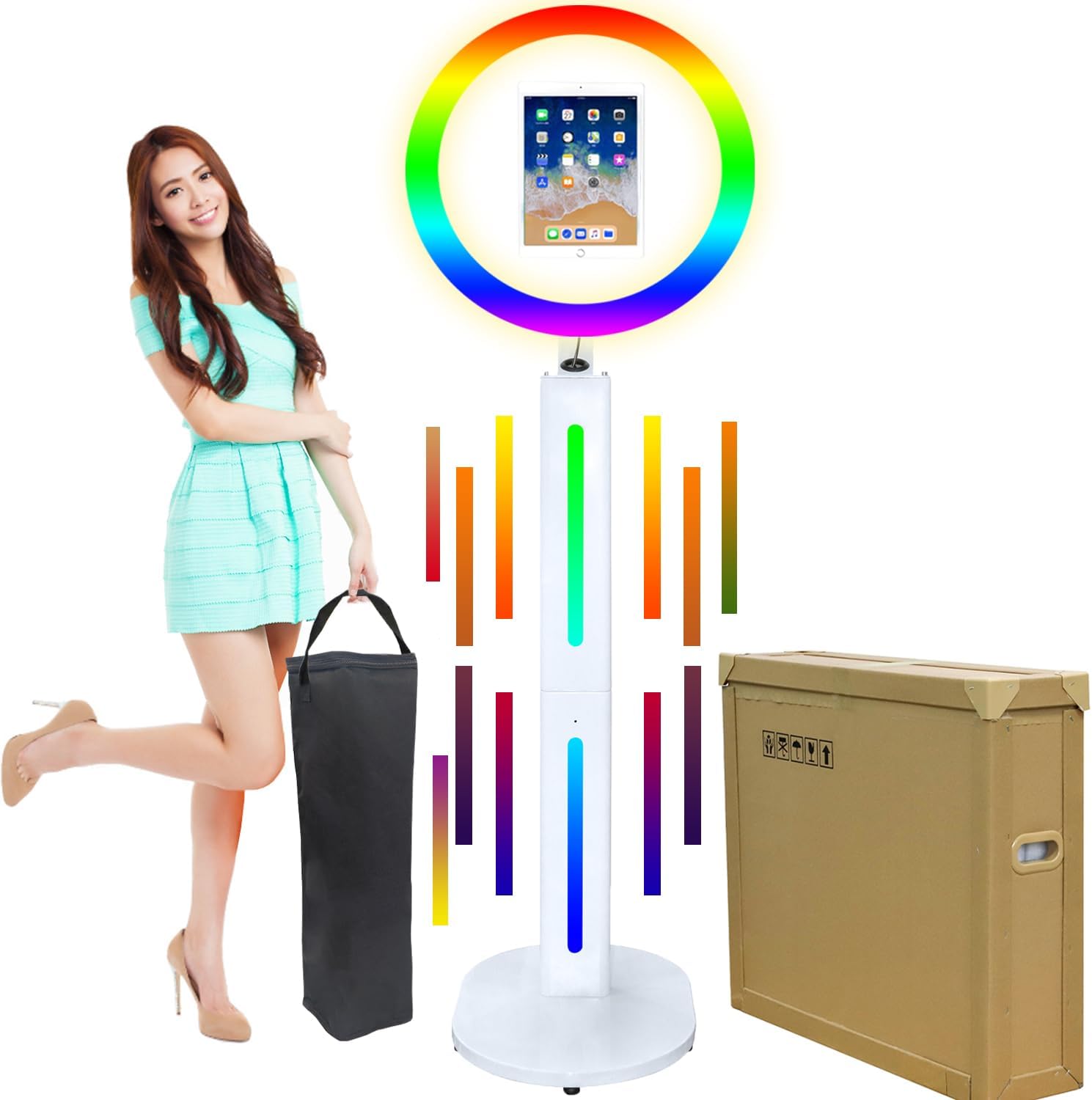 Máquina portátil para estación de selfies para iPad con bolsas portátiles (blanco + bolsa)