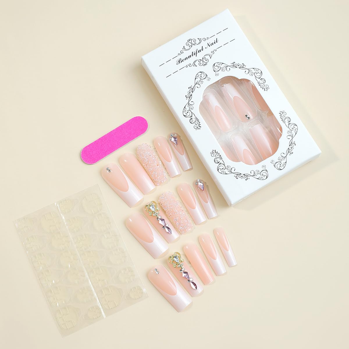 Uñas postizas largas cuadradas a presión con diamantes de imitación con diseño de amor, uñas postizas de punta francesa, uñas postizas acrílicas