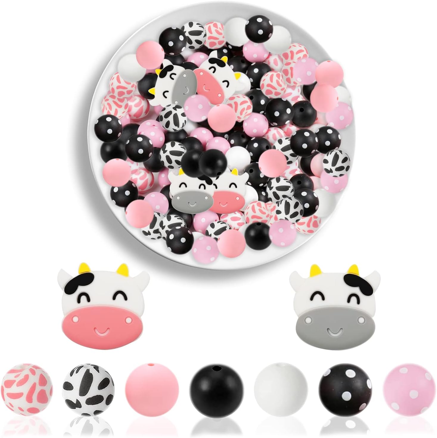 Juego de 65 cuentas de silicona con estampado de lunares de vaca de 0.59 pulgadas, cuentas de silicona rosa, negro y blanco, cuentas espaciadoras
