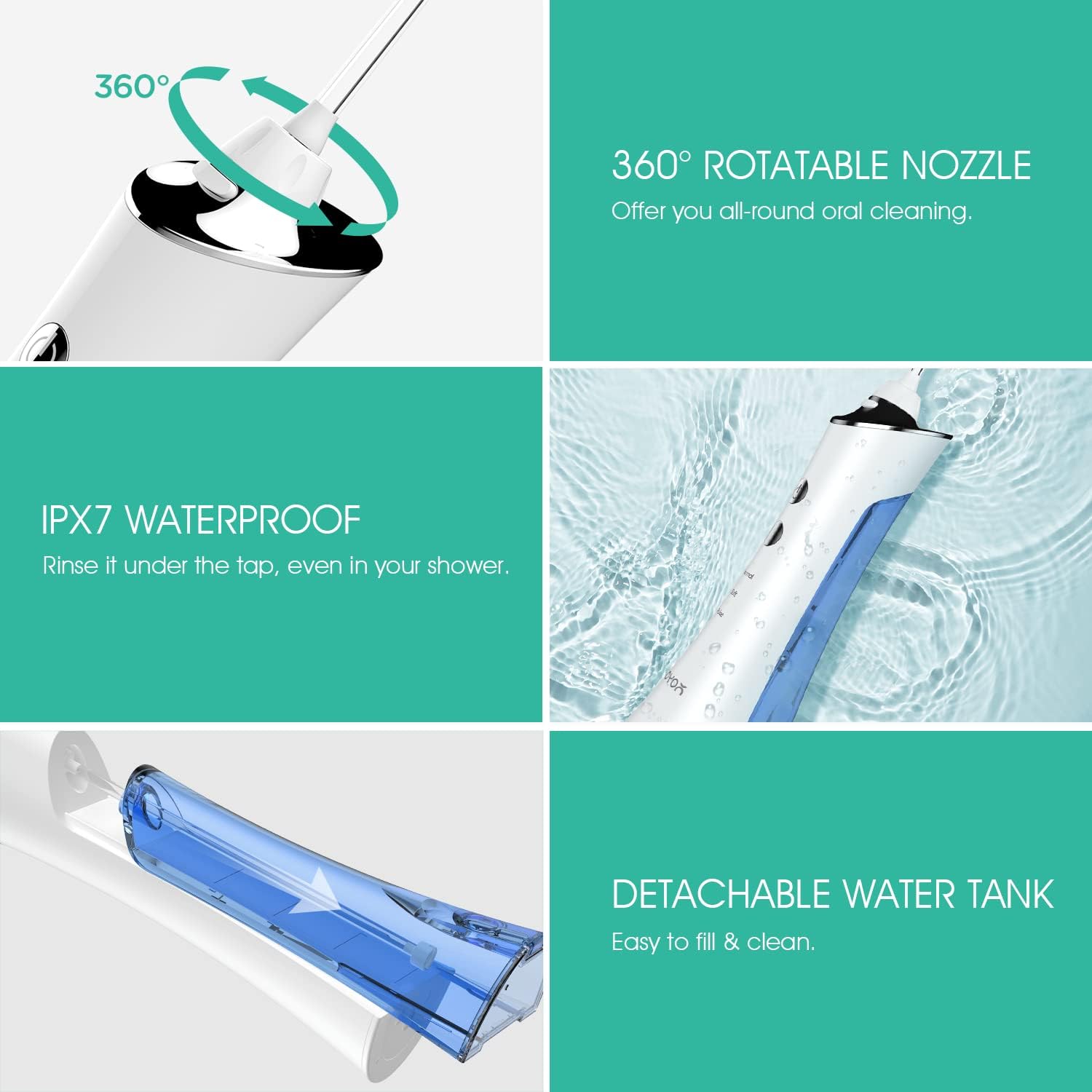 VOYOR – Irrigador dental de agua para dientes, irrigador oral portátil y recargable con 4 puntas de hilo dental y púas de limpiador de dientes