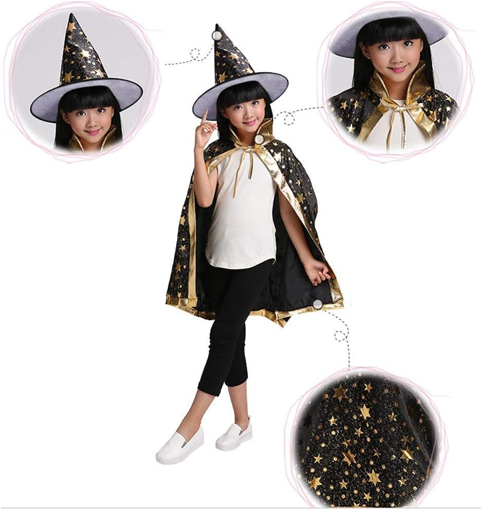 Jackcell Capa de bruja de mago con sombrero y bolsa de calabaza, accesorios de disfraz de Halloween para fiestas de cosplay de niños