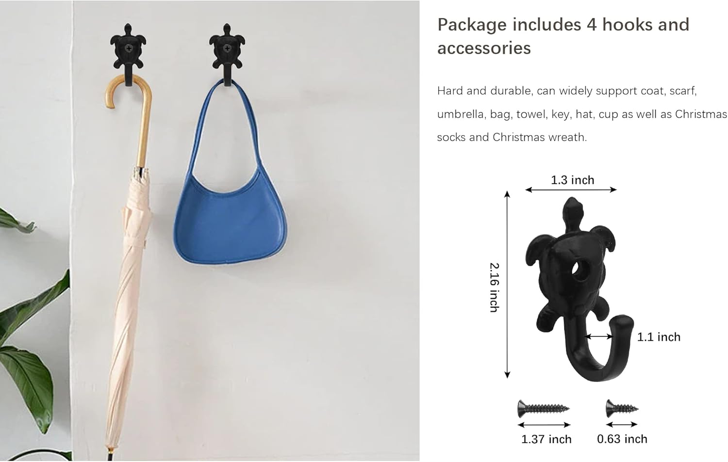 Paquete de 5 ganchos de pared para colgar abrigos, bufandas, bolsos, mochilas, mochilas, decoración del hogar (tortuga negra)