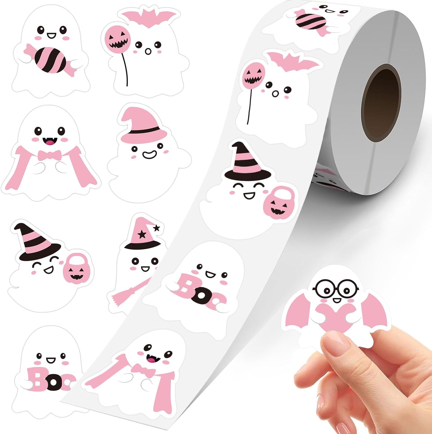 AnyDesign – 1000 calcomanías de Halloween en rollo de fantasma rosa, calcomanías autoadhesivas redondas para manualidades, regalos, bolsas de