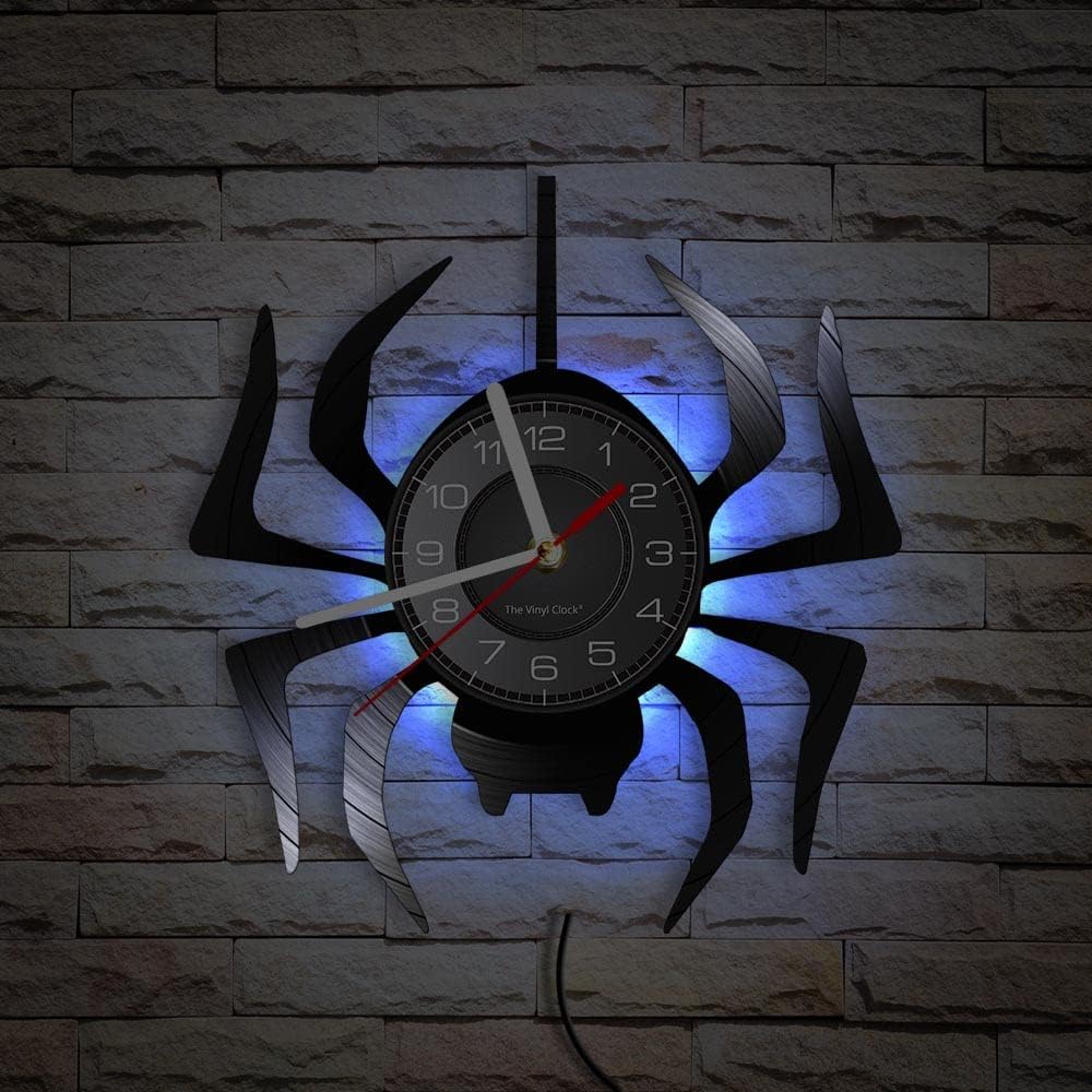 Timethink Reloj de pared LED de araña negra de 12 pulgadas con 7 colores cambiantes, tarántula silenciosa, cuarzo, sin tictac, reloj de pared,