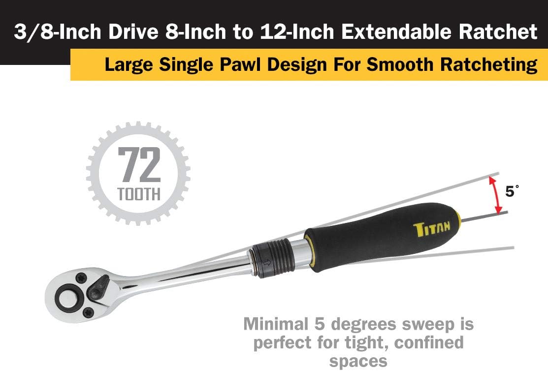 Titan 12070 Trinquete extensible de 72 dientes de 38 pulgadas x 8 a 12 pulgadas