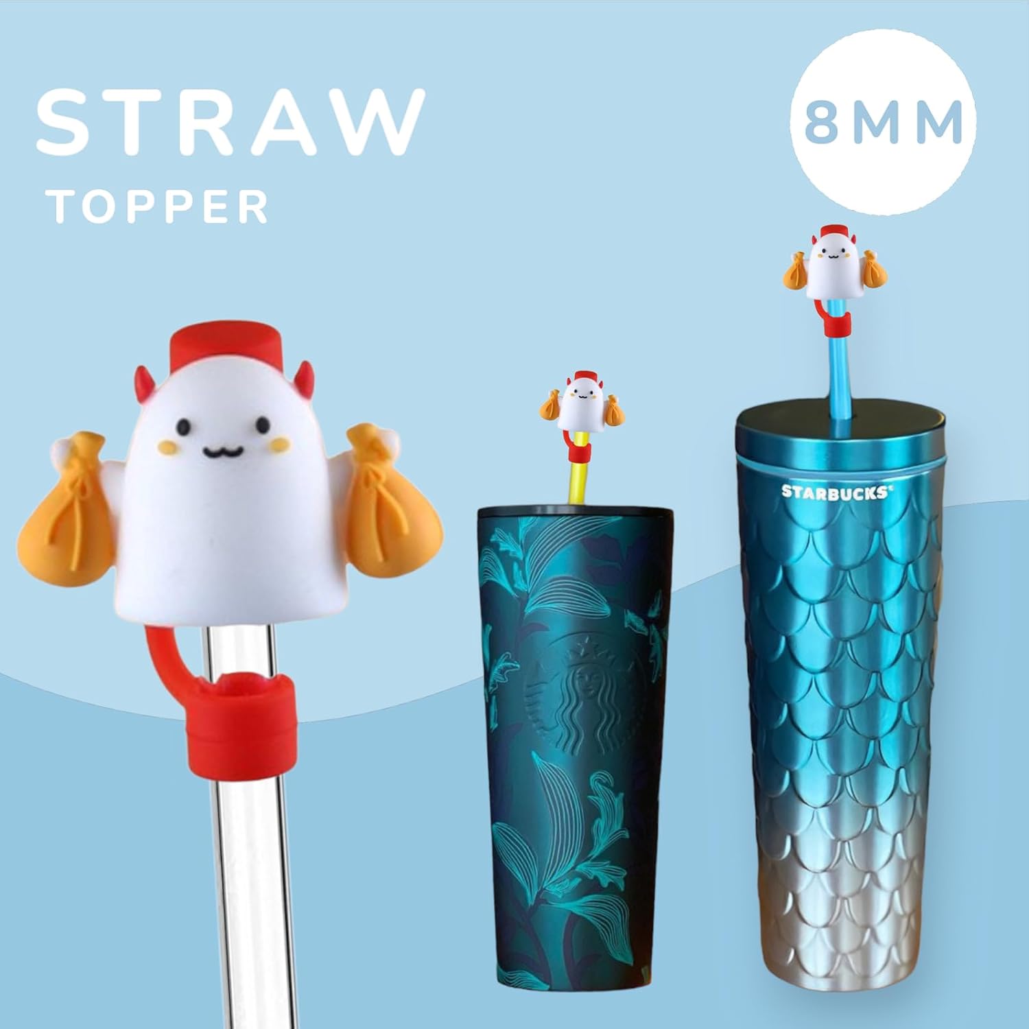 3 fundas para pajitas de 0.315 in y 0.394 in, lindo adorno de paja de gato para vasos Stanley, puntas de popote de silicona de búho para popotes de