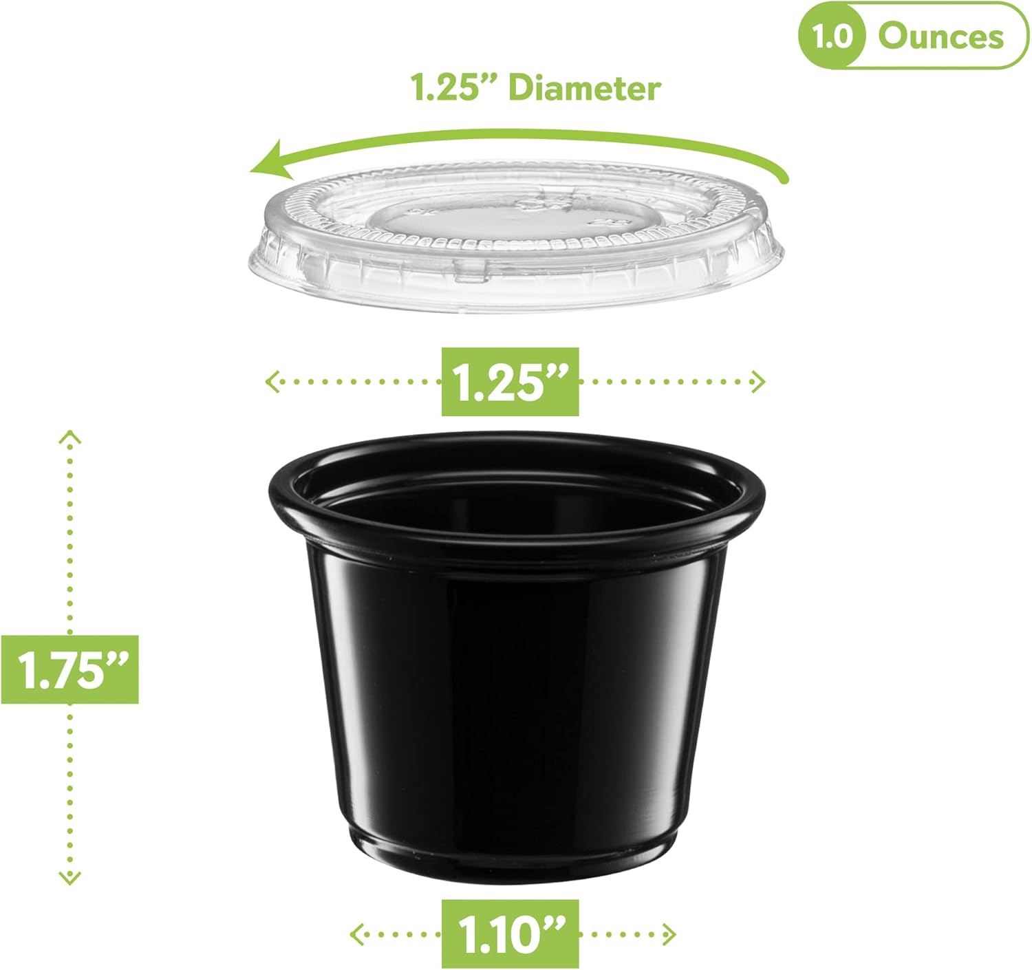 1 oz  100 juegos Vasos de plástico sumergibles negros con tapas, pequeños recipientes para control de porciones, chupitos de gelatina, preparación
