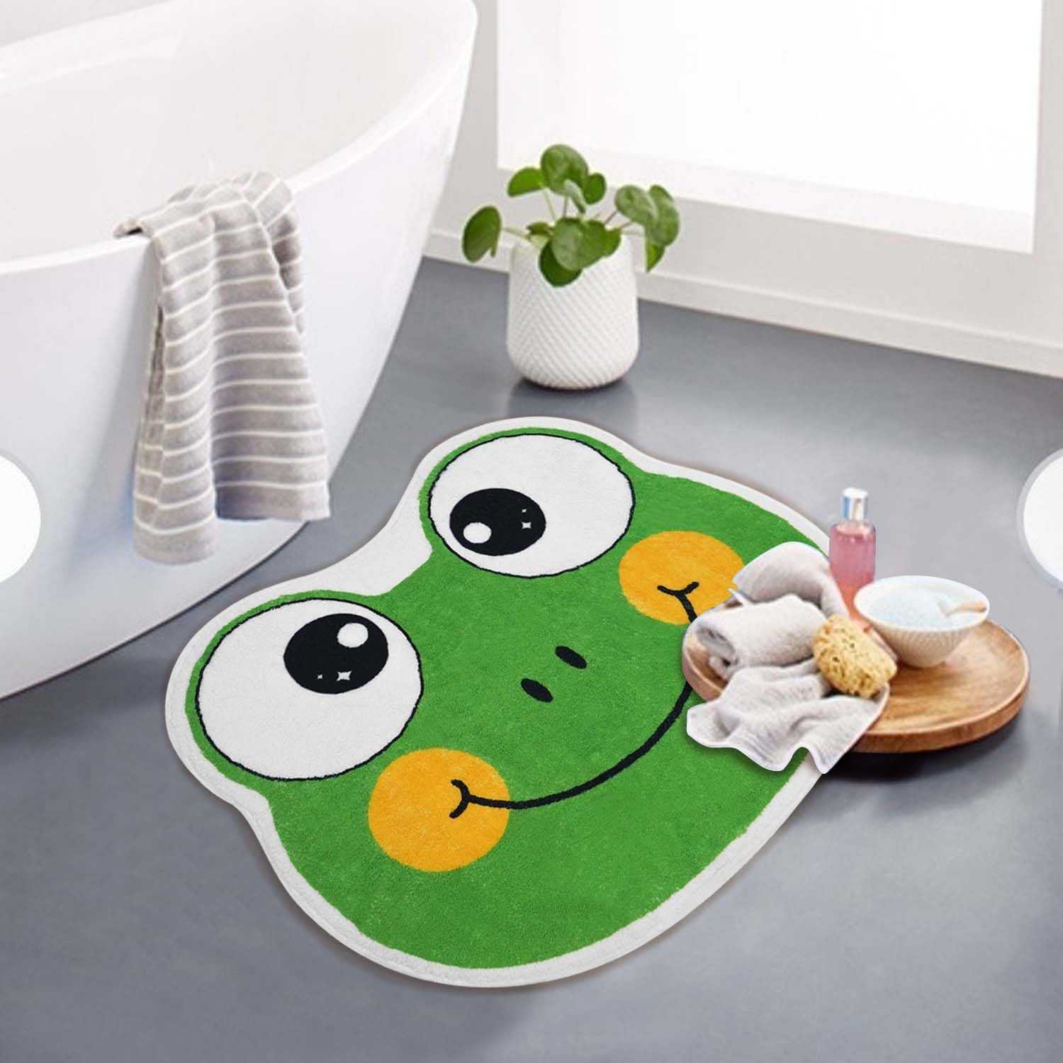 Alfombra de baño con forma irregular de rana para niños, antideslizante, absorbente, lavable, peluda, decoración de dormitorio, alfombra de entrada