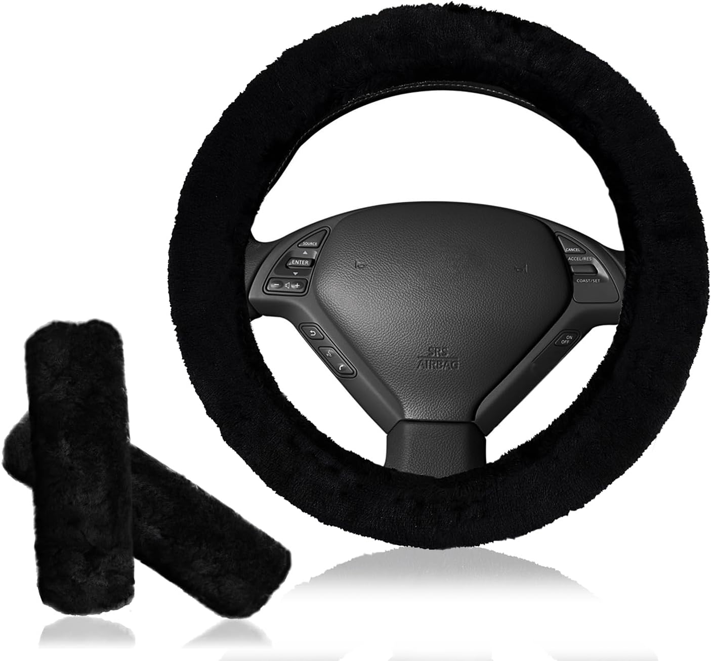 Zone Tech – Funda para volante de piel de oveja negra y almohadilla para cinturón de seguridad, funda elástica para volante de piel de oveja, color