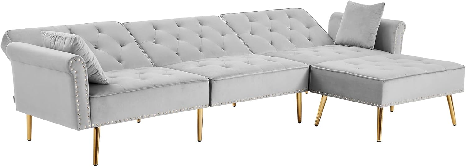 Sofá seccional tapizado de terciopelo en forma de L, sofá cama convertible con diván reversible, otomana movible para el hogar, oficina,
