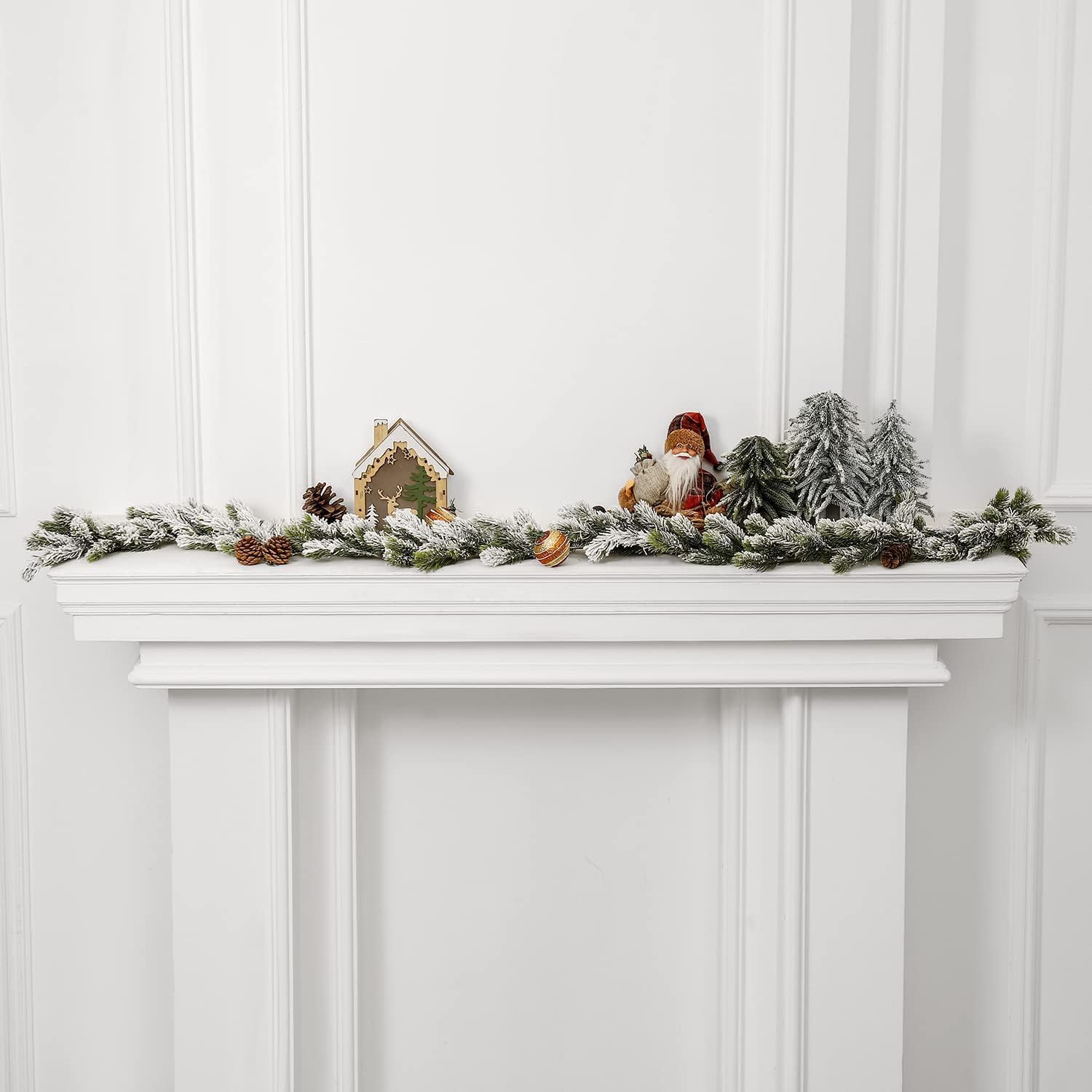 Guirnalda de pino de nieve, guirnalda de Navidad flocada para escaleras, guirnalda de pino de Navidad nevada, decoraciones de ramas largas,