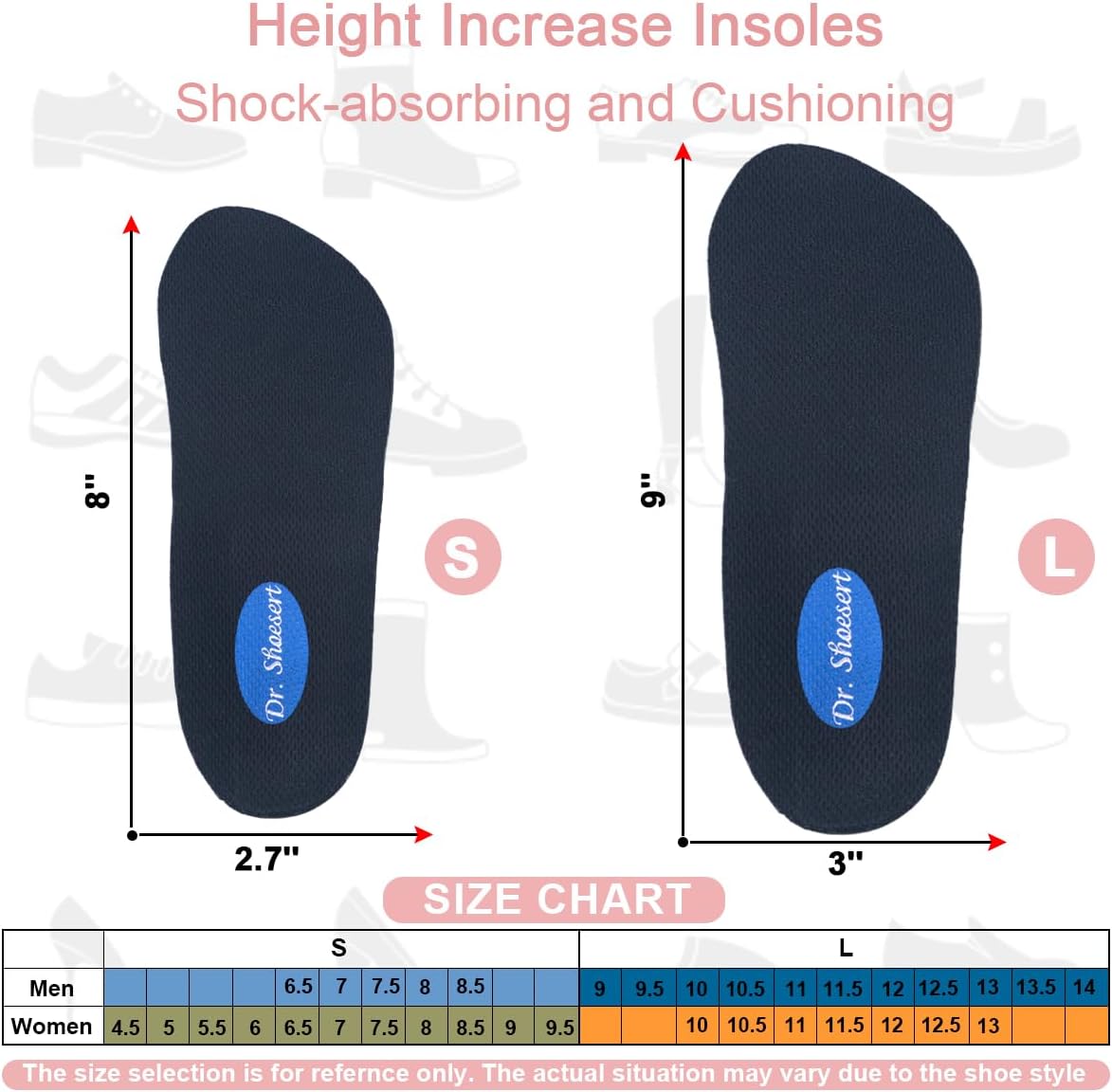 Dr. Shoesert Plantillas de aumento de altura ajustable de 3 capas, insertos de elevación de talón con amortiguador de absorción de impactos de 34 de