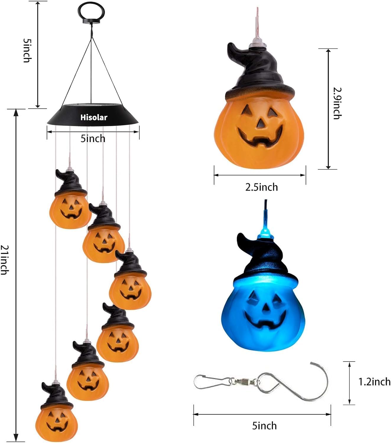 Campanillas de viento solares de calabaza de Halloween, luces solares de calabaza para exteriores, cambio de color, decoración de calabaza,