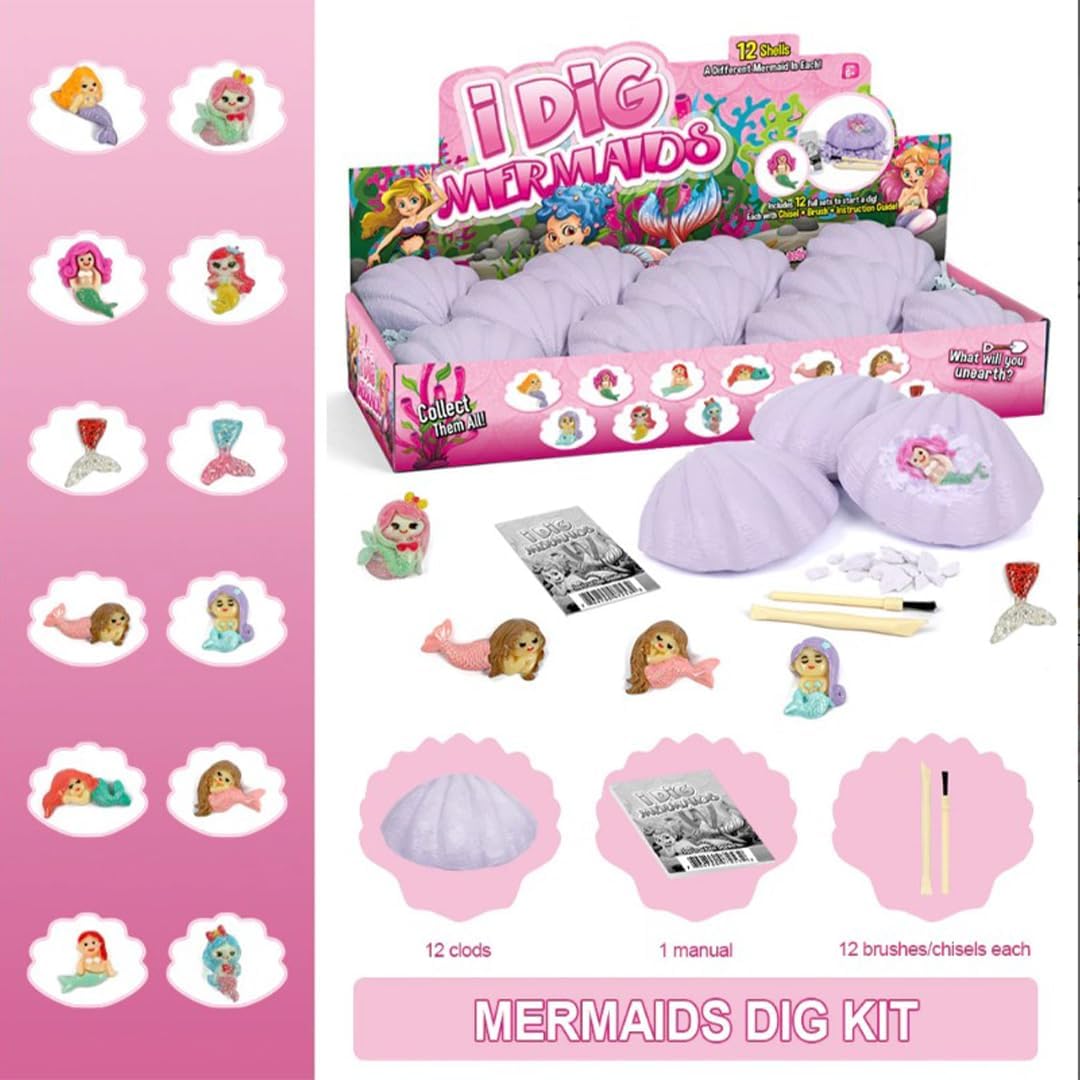 Juego de 12 descubrimientos de sirena para niños, emocionante aventura de excavación de conchas marinas, colección educativa de princesa de vida