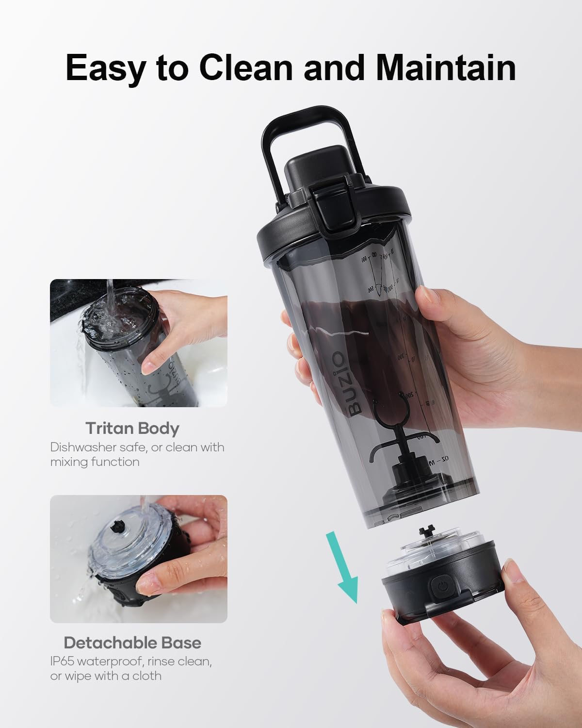 BUZIO Botella mezcladora eléctrica de proteínas, botella mezcladora de 24 onzas, botellas mezcladoras recargables por USB para mezclas de proteínas,