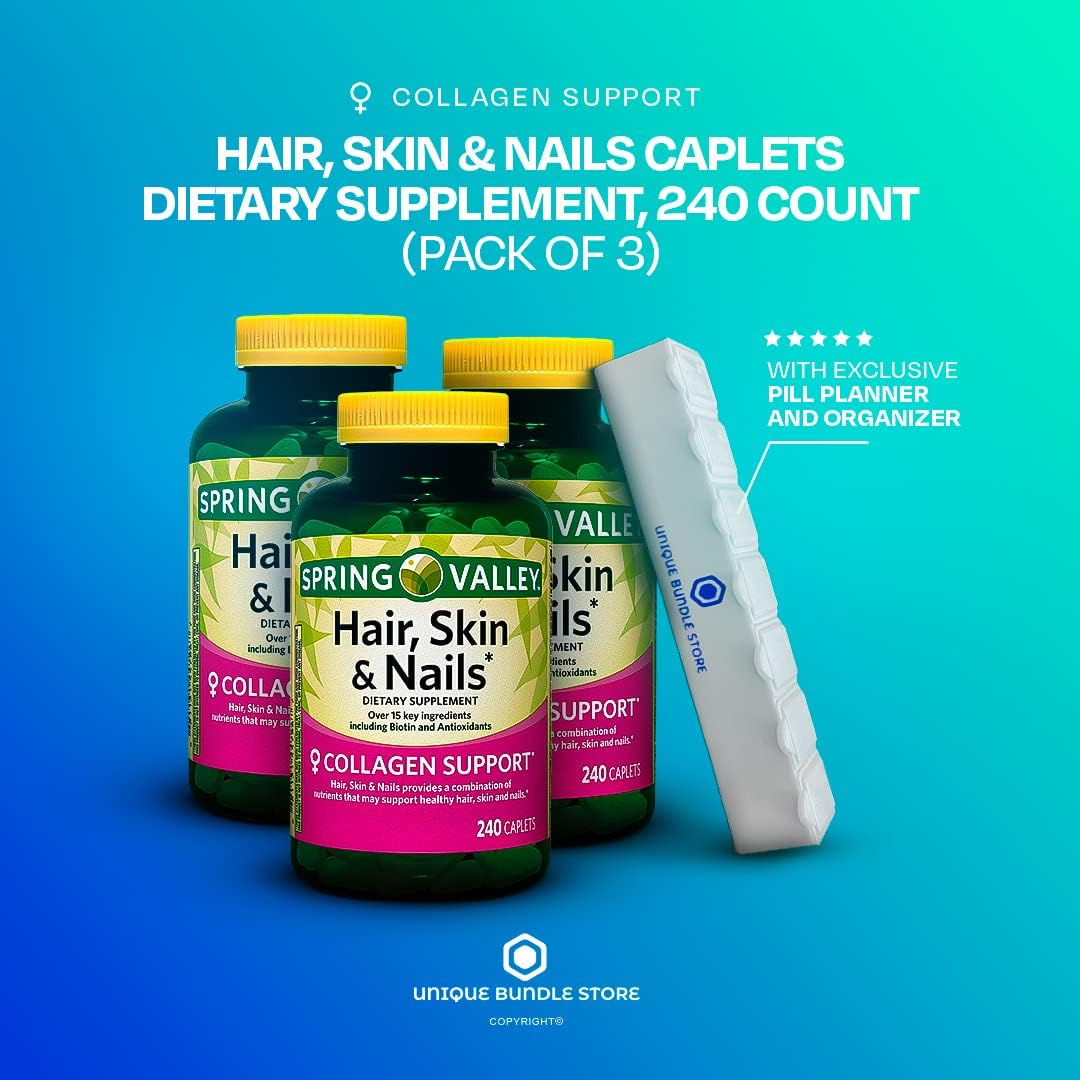 Spring Valley, Hair Skin and Nails Vitamins, Caplets Dietary, Hair Skin Nails Supplement, 240 Count + 7 Day Pill Organizer Included (Pack of 3)