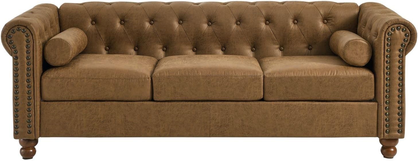 Chesterfield – Sofá clásico grande de tela moderna de 3 plazas con botones capitoné con brazos enrollados y cabeza de clavo para sala de estar,