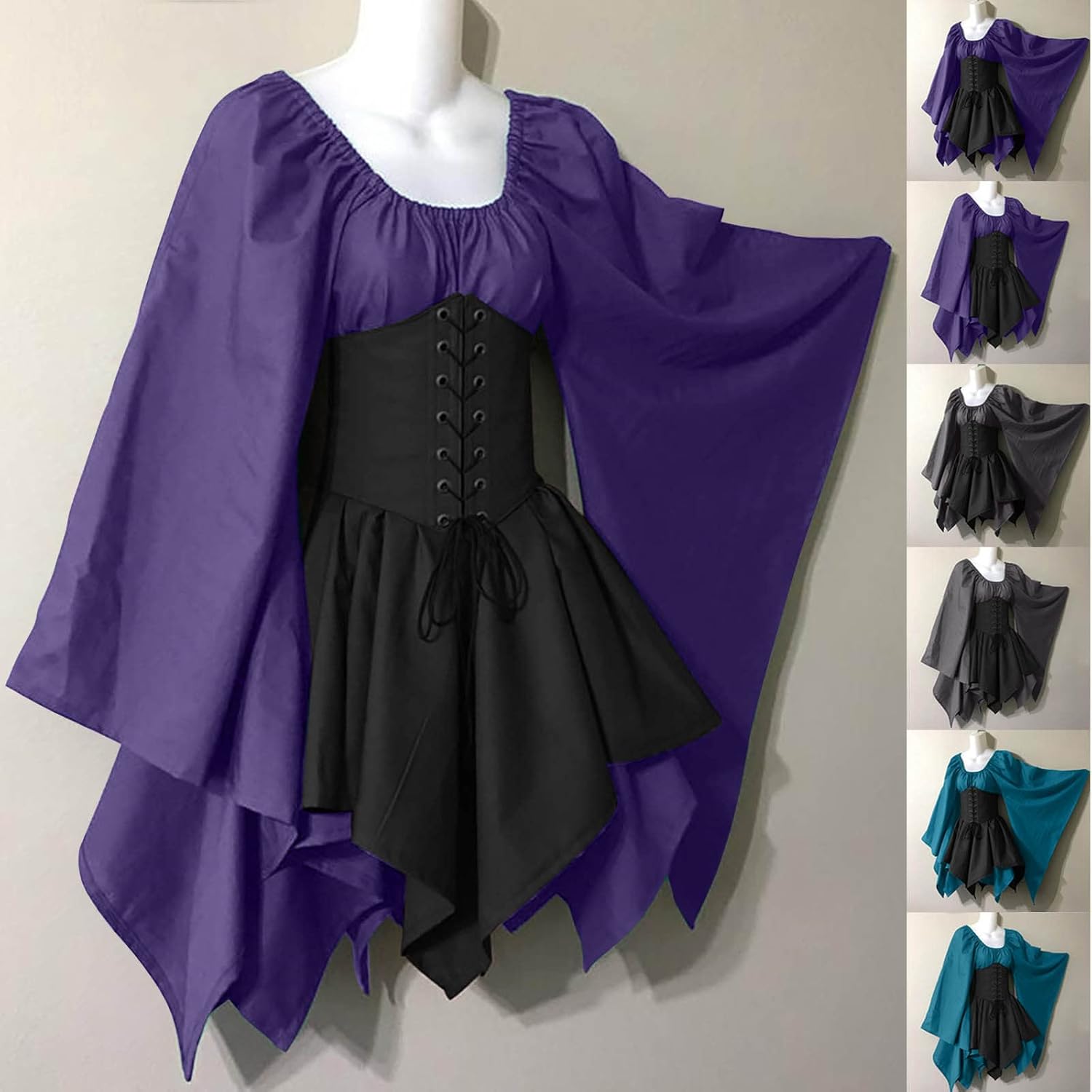 Bilqis Vestido renacentista para mujer, disfraz medieval de talla grande con corsé, Halloween, elfo, cosplay, manga corta, traje de hadas