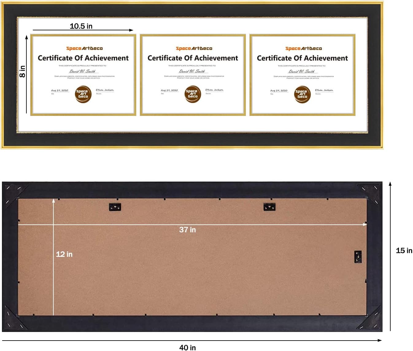 Space Art Deco, Marco de tres certificados de 12 x 37 pulgadas con paspartú doble blanco sobre dorado para (3) diplomasgrados de 8.5 x 11 pulgadas,