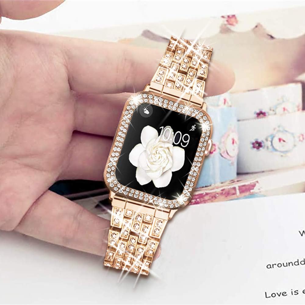 Correa de reloj compatible con Apple Watch Band de 38 mm, con cubierta protectora con diamantes de imitación, con funda protectora para iWatch