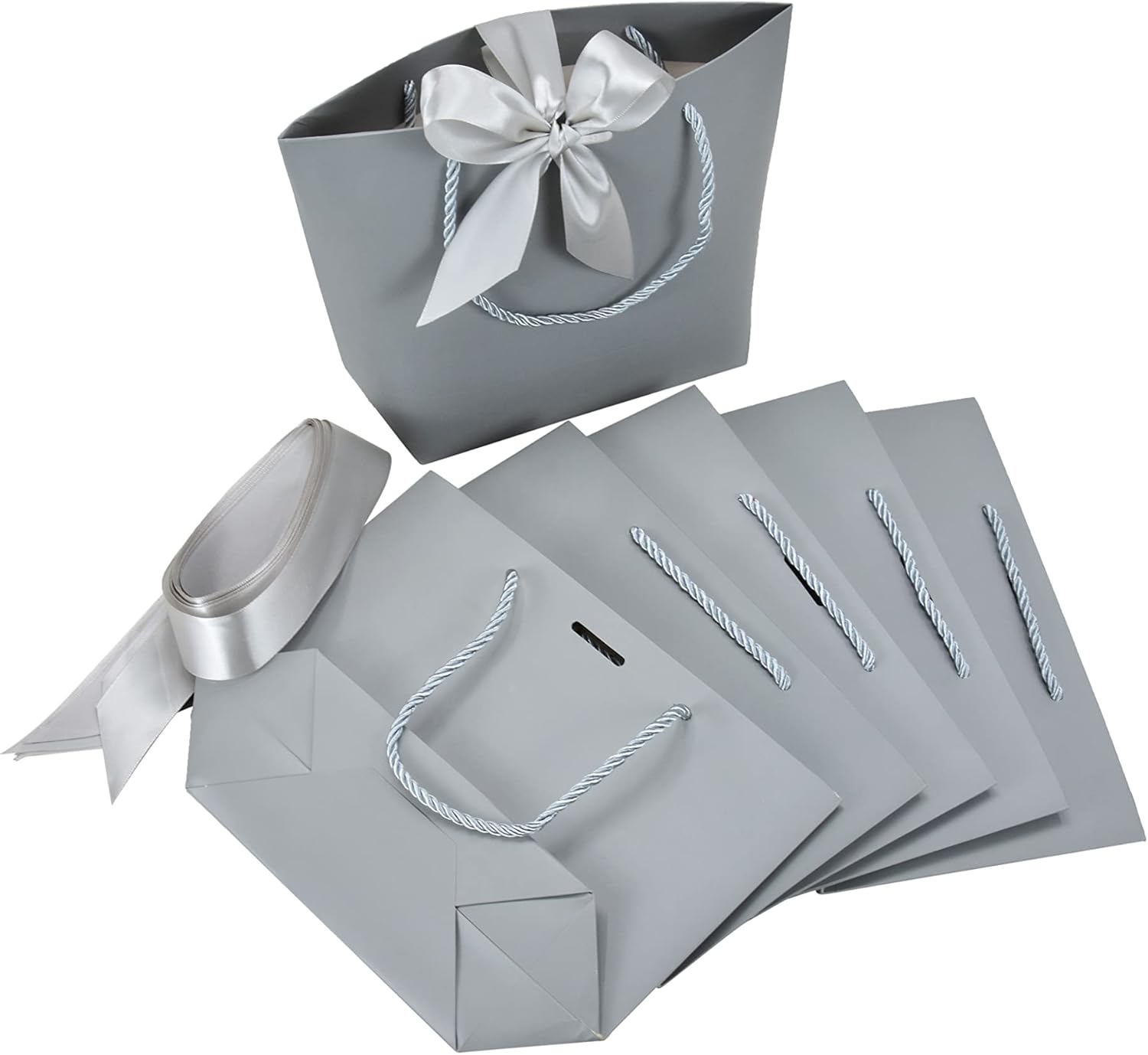 HUAPRINT Bolsas de regalo con asas, bolsas de recuerdo de fiesta con cinta de lazo, 12 bolsas de papel gris para cumpleaños, boda, dama de honor,