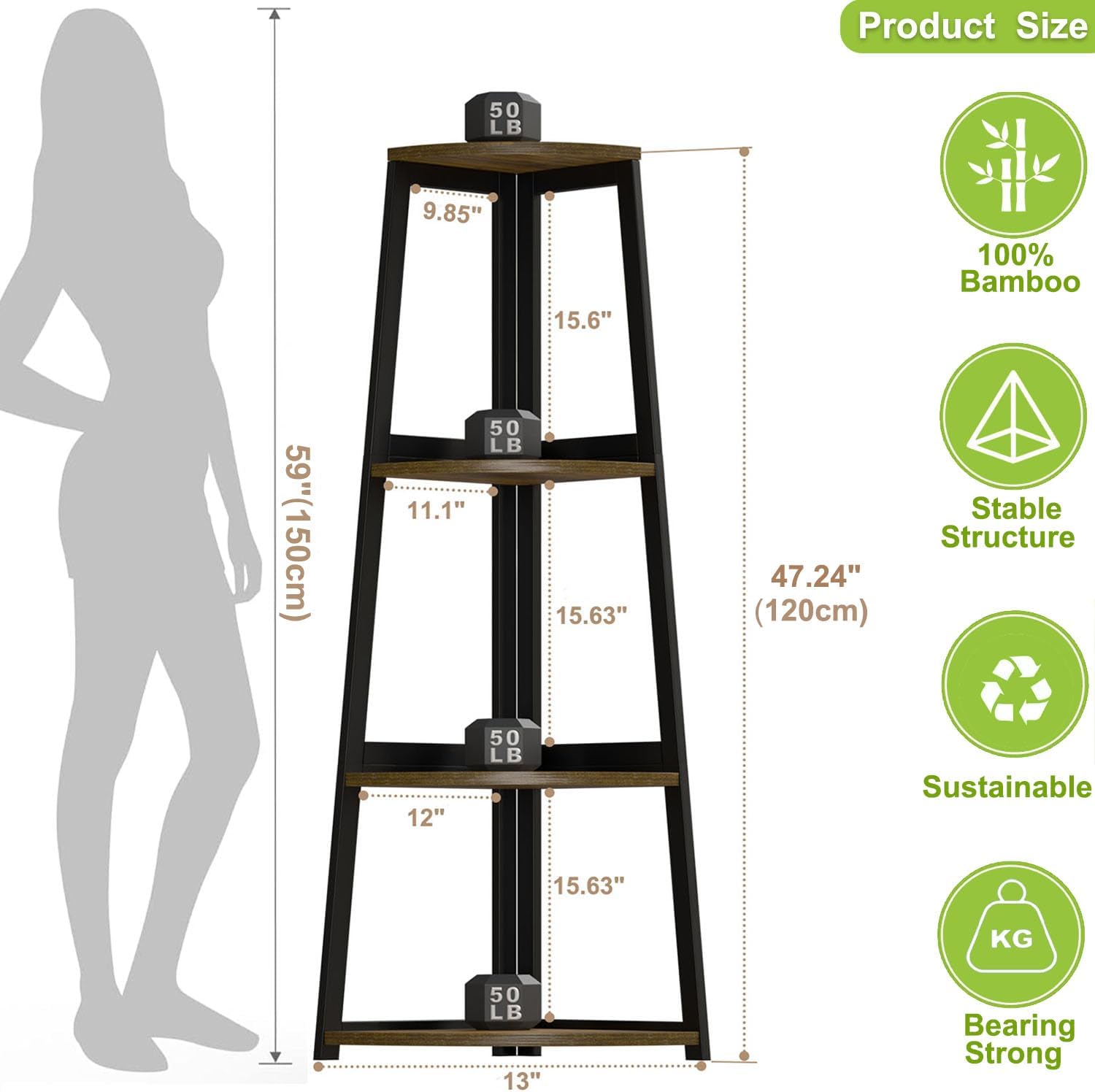 Estante esquinero de bambú, estantería esquinera de 4 niveles, estantería de escalera de esquina de 47.2 pulgadas de alto, estante moderno para