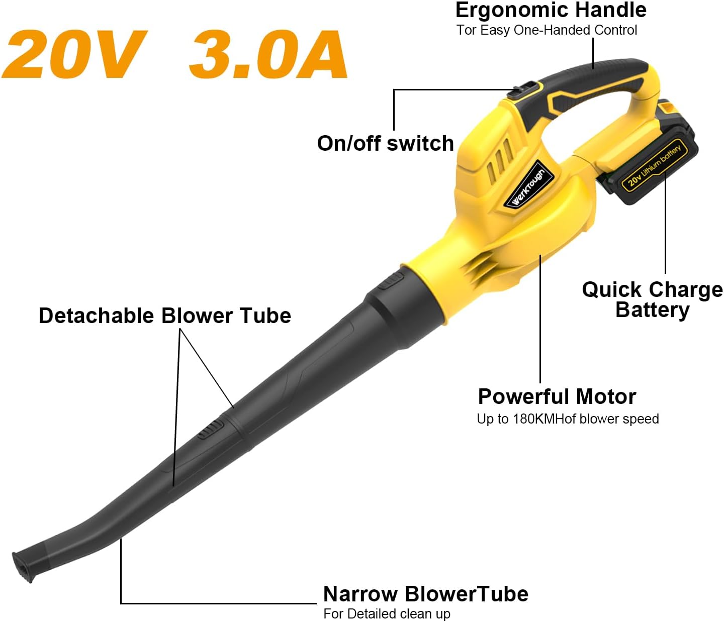 Soplador de hojas inalámbrico de 20 V con batería Cargador rápido soplador de hojas barredora (amarillo 3.0A)