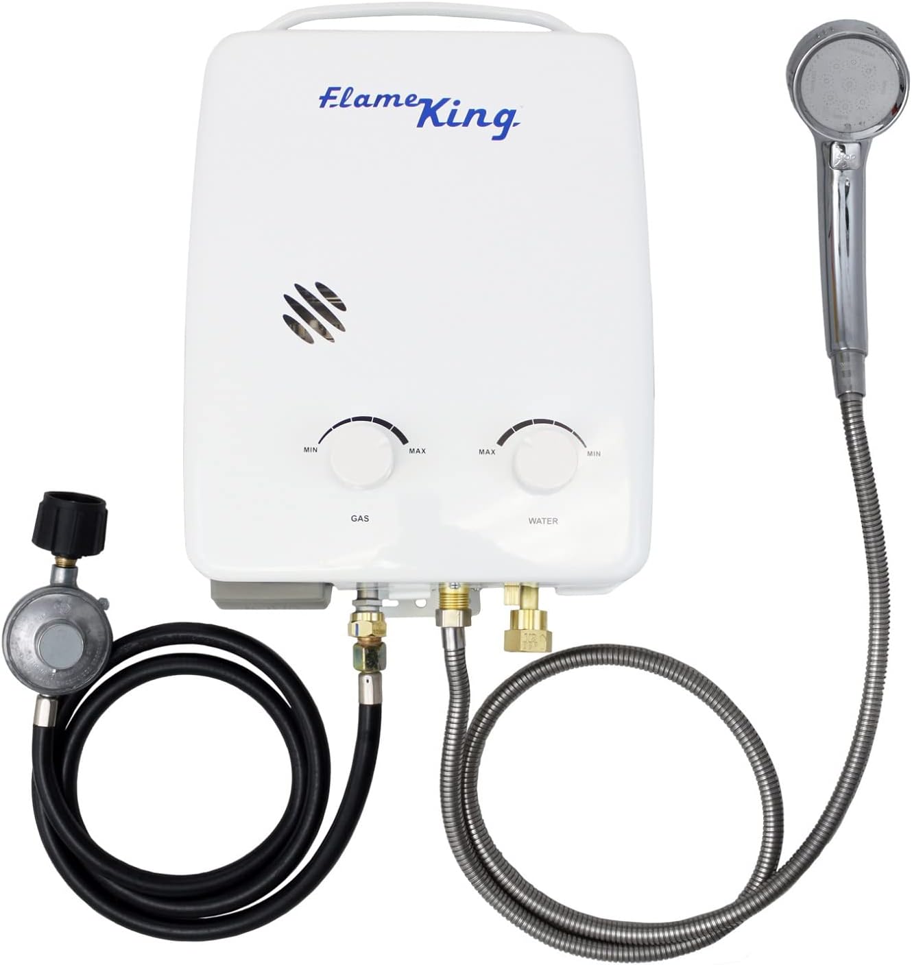 Flame King YSNAZ132 – Calentador de agua portátil sin tanque de gas propano 5L 1.32GPM a 34,000 BTU, ducha instantánea de agua caliente al aire