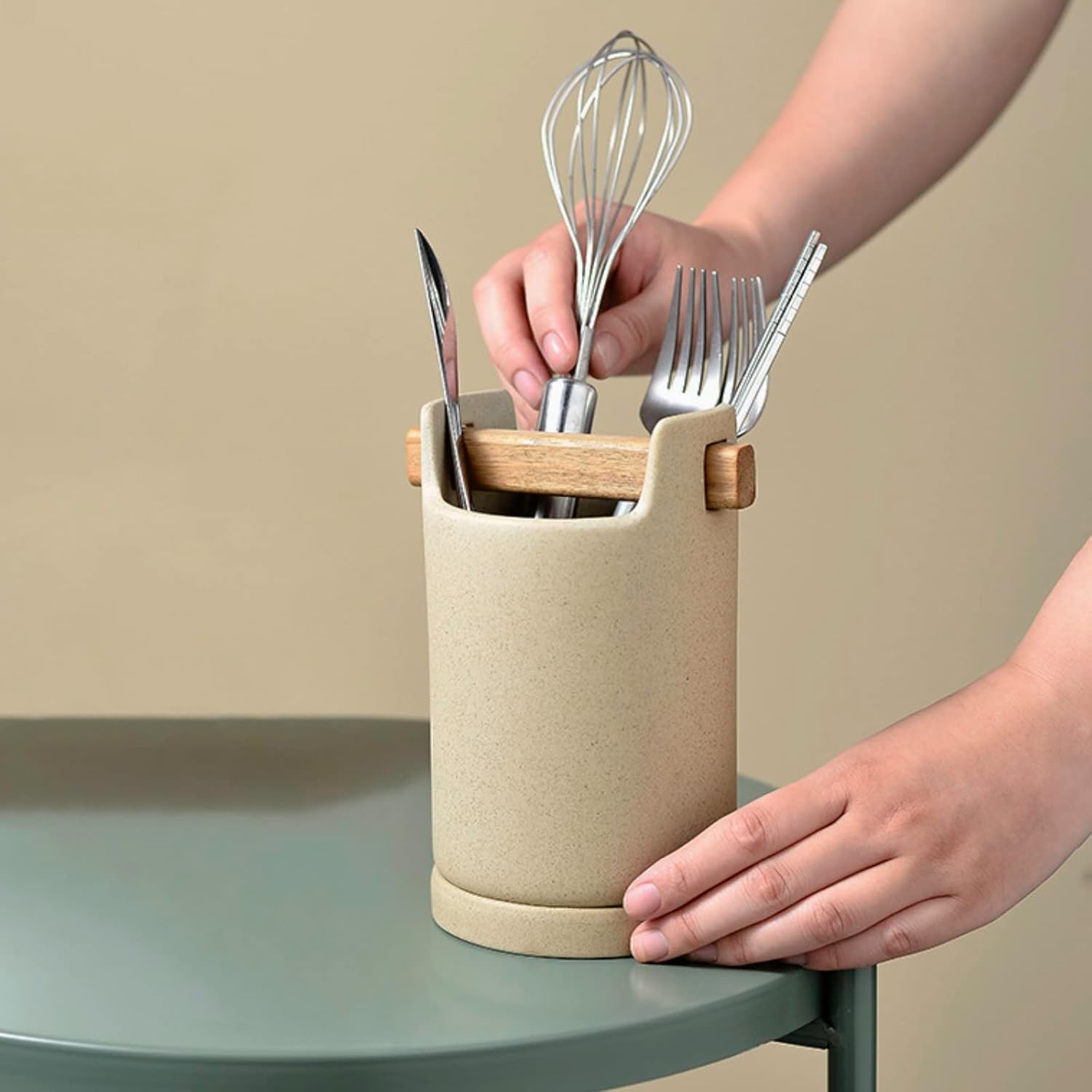 Soporte para utensilios de cocina con mango de madera de acacia, almacenamiento de utensilios, organizador, soporte para utensilios de encimera,